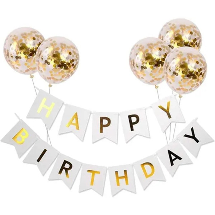 Lufi szett arany konfettivel és Happy Birthday bannerrel, 30x20cm, arany-fehér