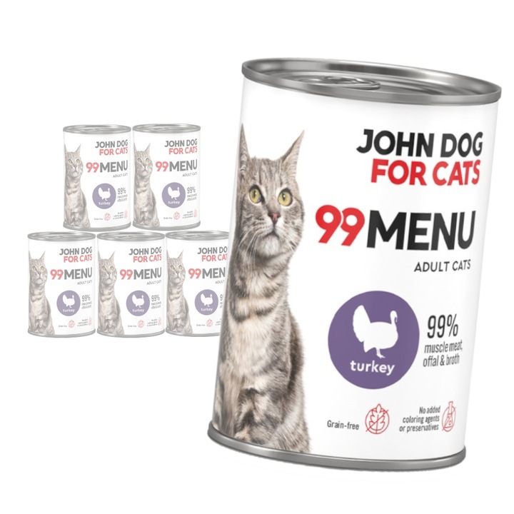 John Dog for Cats 99 Meniu Hrana Umeda Pentru Pisici Adulte cu Curcan 6x400g