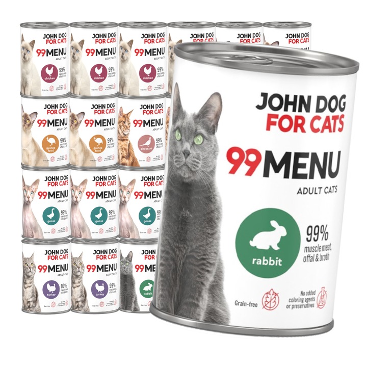 John Dog pentru Pisici 99 Meniu Hrana Umeda Pentru Pisici Adulte Mix 6 Gusturi 24x400g