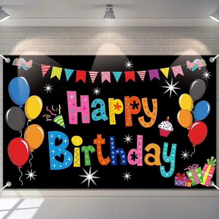 Фон за парти STALVA-CJ-K0502-20260825-1013, от полиестер, отпечатан с "Happy Birthday" и весели елементи (балони, подаръци, гирлянд), Многоцветен, 110 x 180 см