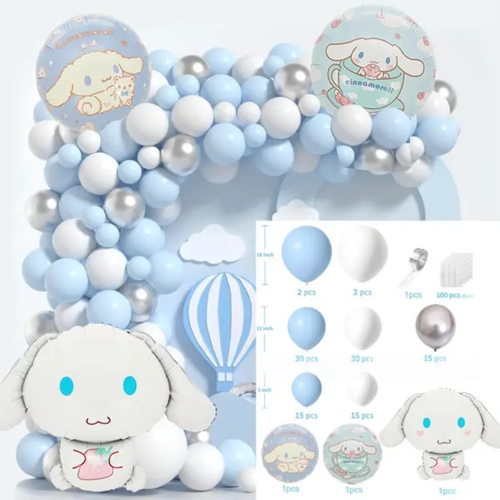 Комплект арка от балони Cinnamoroll, комплект за декорация на парти с латексови и фолиеви балони с герой, светлосиньо/бяло/сребристо