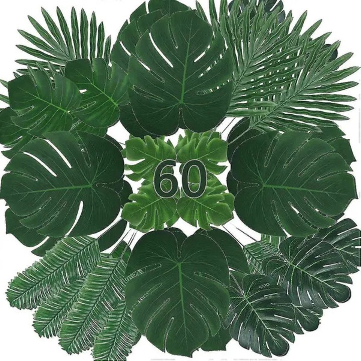 Set 60 frunze palmier artificiale tropicale verzi cu tulpina flexibila
