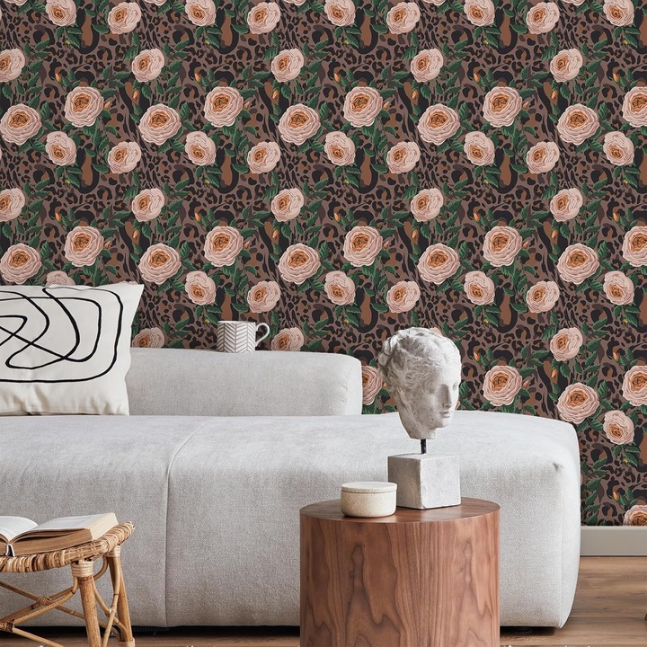 Öntapadós tapéta, CRE8TIVE, vintage leopárdmintás rózsaszín virágokkal, 61 cm x 300 cm, vinil, matt, vízálló, olajálló, porálló