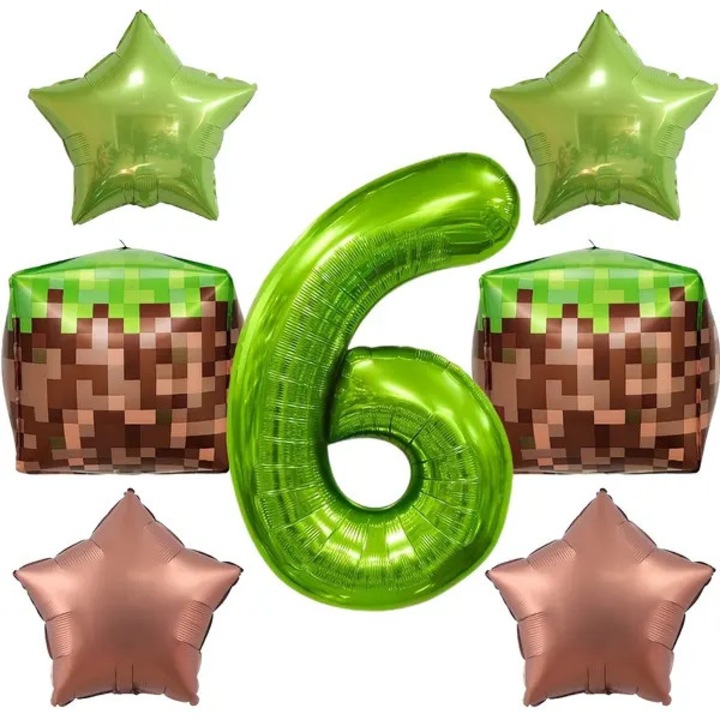 Nagy számfólia lufik, Minecraft, pixel stars, többszínű, 7 db-os szett