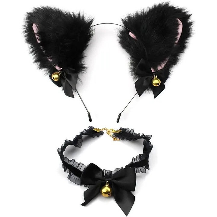 Bentita cosplay urechi de pisica, papion, zgarda, material pufos, ajustabila, negru