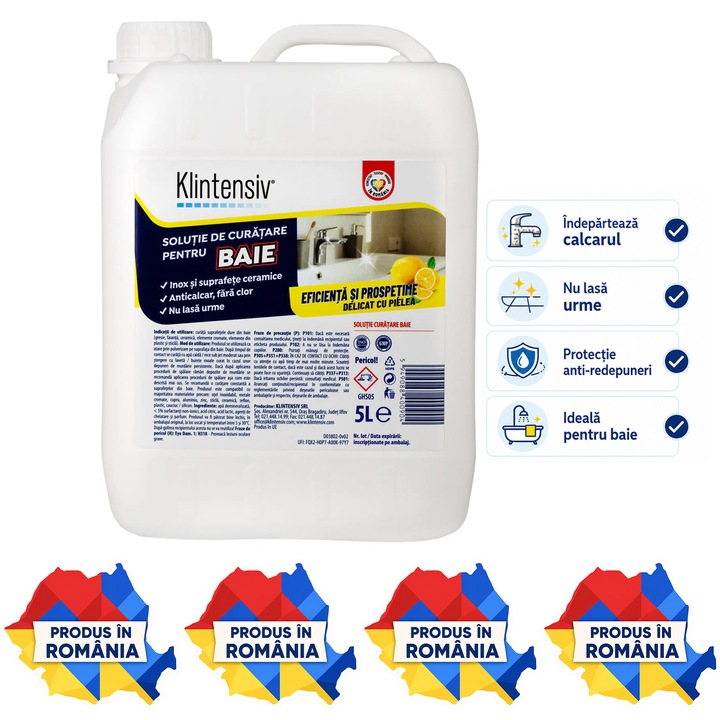 Solutie curatare baie Klintensiv, anticalcar, indeparteaza urme de apa si murdarie, protectie impotriva redepunerilor, pentru gresie, faianta, ceramica, cabine dus, baterii sanitare, 5 L, 4x Stickere