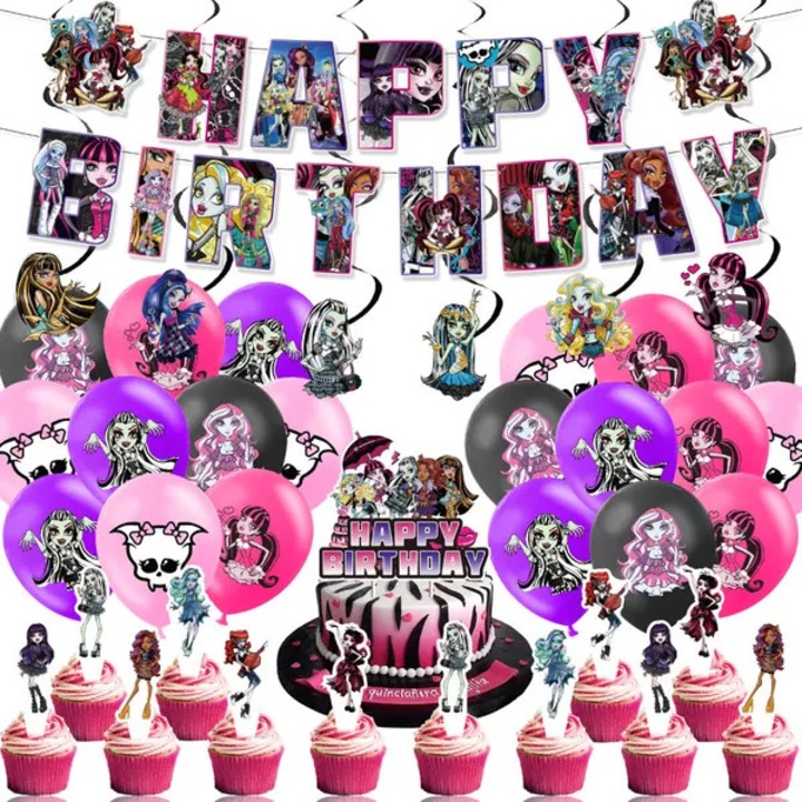 Комплект декорации за парти Monster High STALVA-CJ-K0502-20260825-2638, банер "Happy Birthday", 20 балона, 12 мини топъра, 1 голям топър, 6 висящи етикета, 6 спирали, многоцветен