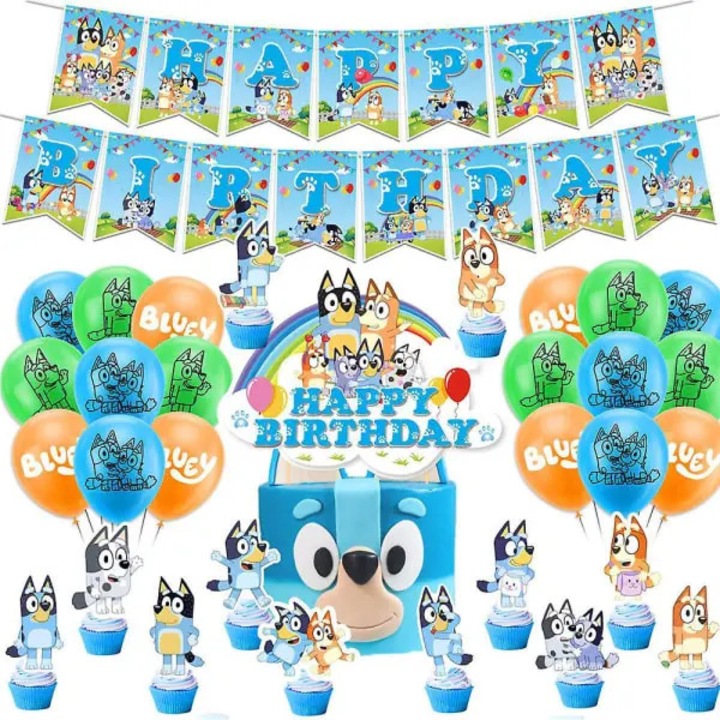 Bluey gyerek parti dekorációs szett, léggömbök, banner, torta, többszínű