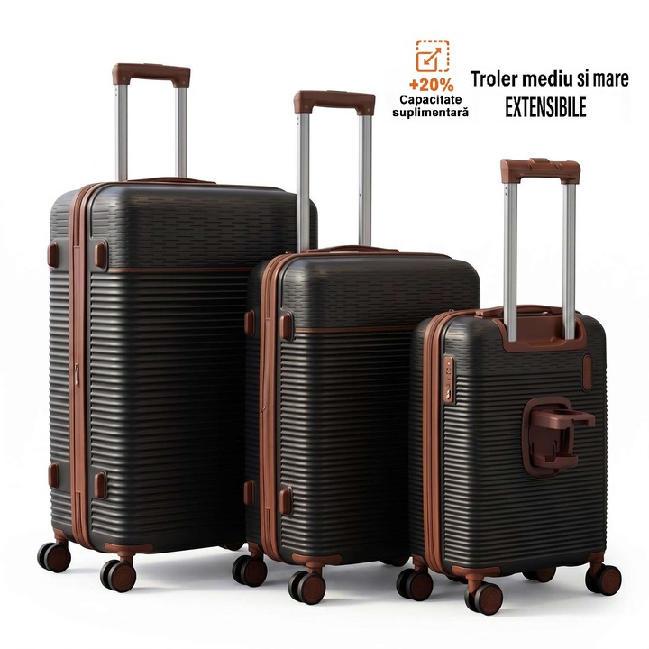 Set 3 trolere Polipropilena special flexibil, Anti-casabil, Fermoar antifurt, Marime M si L bagaj de cala extensibile, Marime S bagaj de cabina cu suport pahar, Negru electric, 169, CASLON ®
