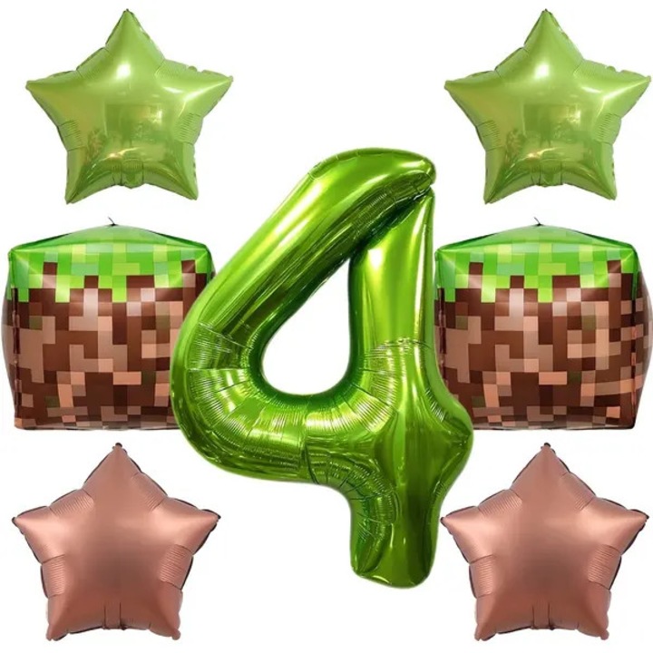 Nagy számfólia lufik, Minecraft, pixel csillagok, többszínű, 7 db-os szett