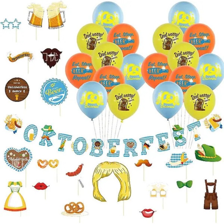 Oktoberfest dekorációs szett, 18 léggömb, fotó háttér, zászló, többszínű