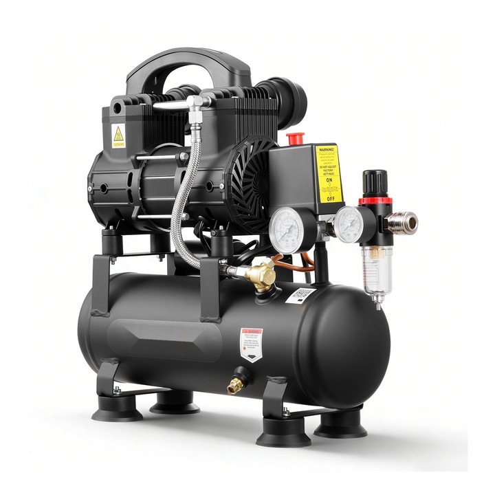 Olajmentes légkompresszor, 6 l tartály, 0,75 kW, 71 l/perc áramlási sebesség 6,2 bar nyomáson, Maximális nyomás 8 bar, Kompakt és hordozható autókhoz és gumiabroncsokhoz, Festéshez és asztalosmunkákhoz