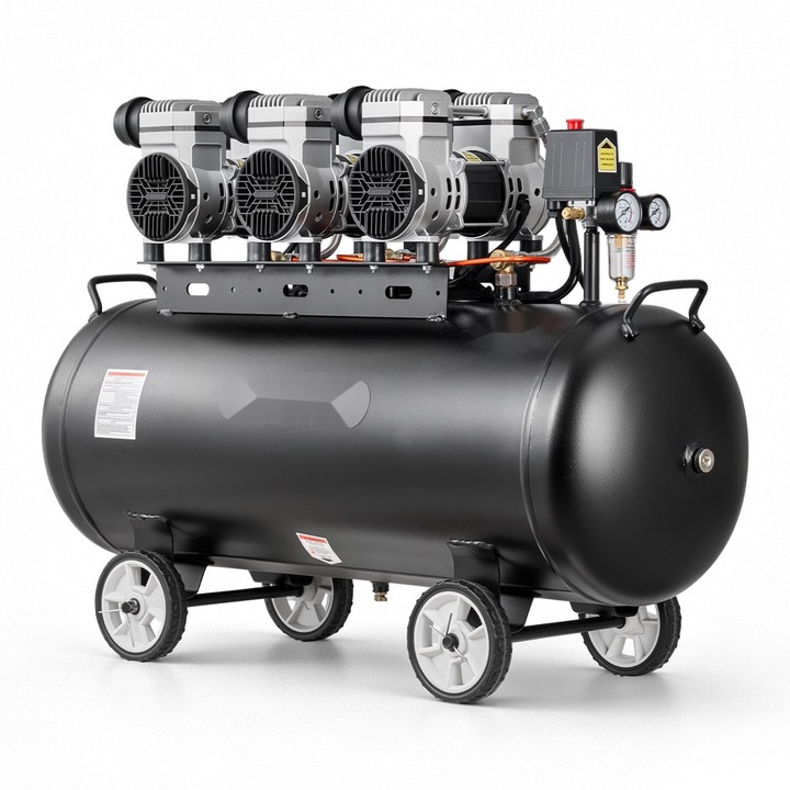 Légkompresszor 100L, Olajmentes kompresszor 3kW, Áramlás 198 l/perc 6,2 bar nyomáson, Max. nyomás 8 bar, Hordozható kerekeken, Gumiszereléshez és fényezéshez