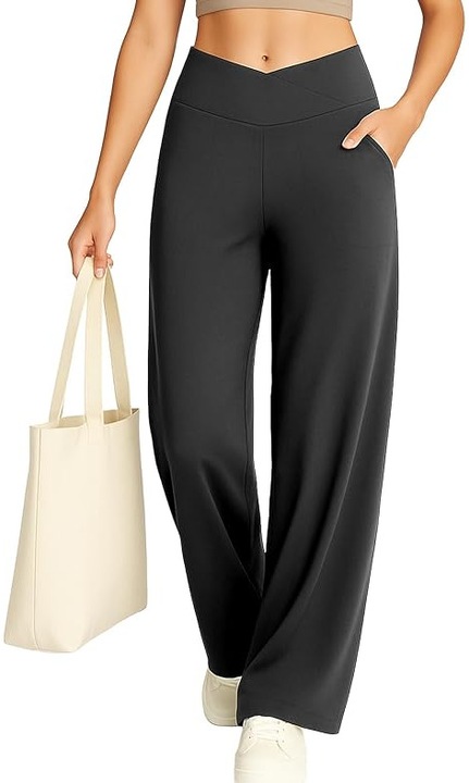 Pantaloni yoga dama Yogaration, Talie inalta, Croi evazat, Buzunare laterale, poliester moale, Negru, Negru