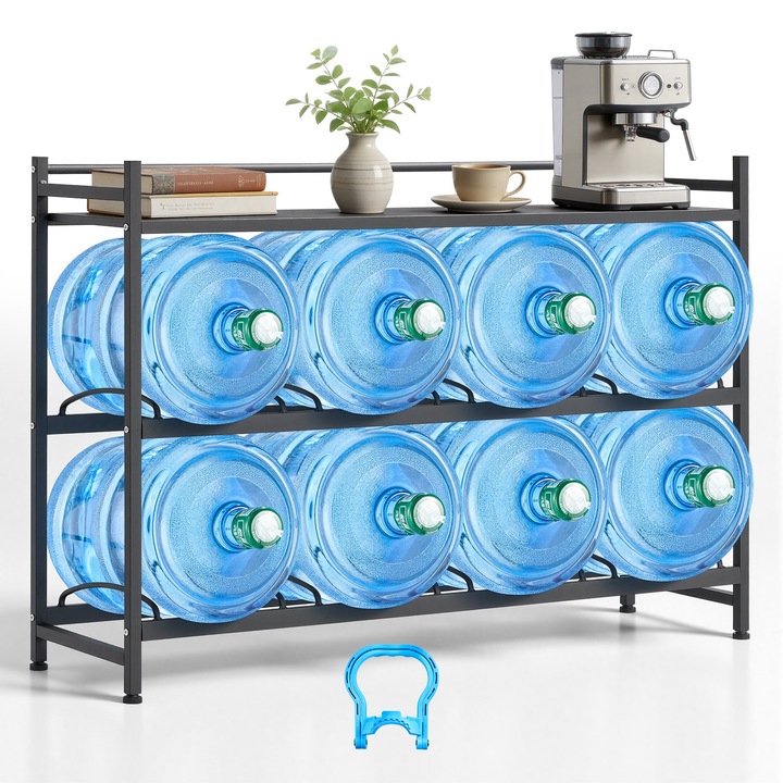 Vízpalacktartó, fém állvány 3 szint 4 sor, 8 db 11-19 L-es palackhoz, tárolópolccal, döntött kivitel, konyhai/irodai rendszerező, fekete