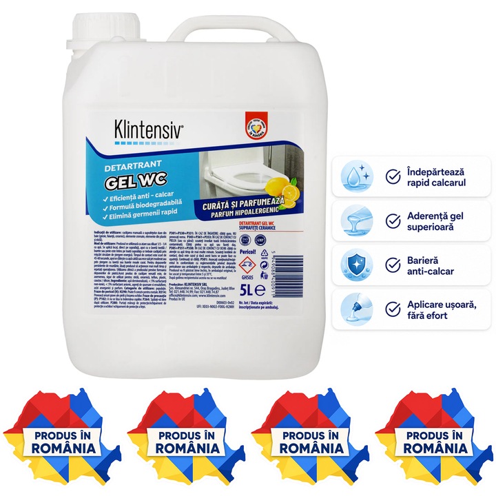 Gel detartrant WC si suprafete ceramice Klintensiv, anticalcar profesional, textura gel, aderenta pe suprafete verticale, pentru baie, gresie, faianta, ceramica, cabine dus si inox rezistent, 5 L, 4x Stickere