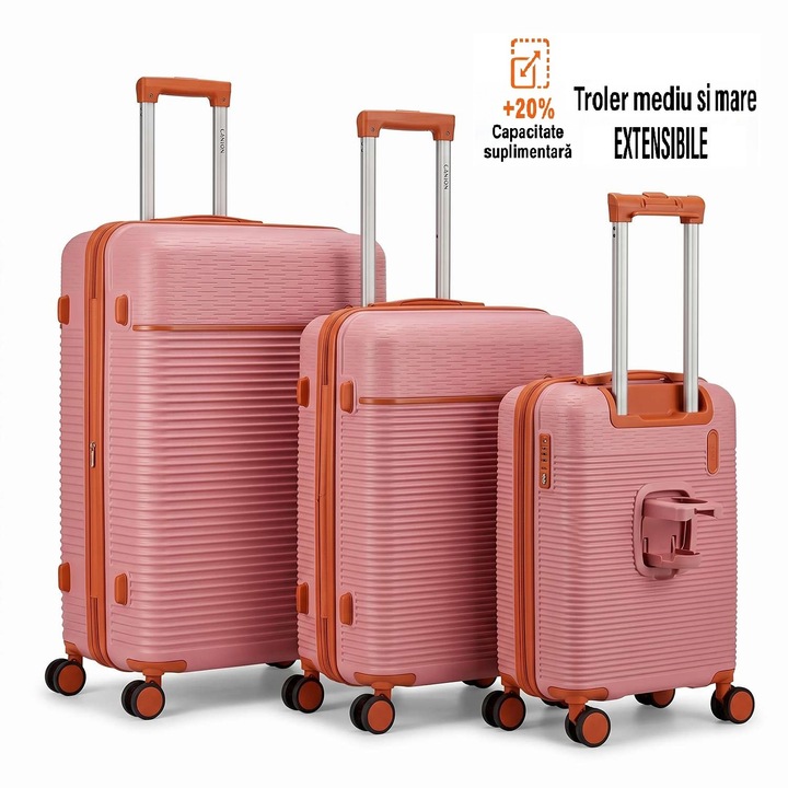 Set 3 trolere Polipropilena special flexibil, Anti-casabil, Fermoar antifurt, Marime M si L bagaj de cala extensibile, Marime S bagaj de cabina cu suport pahar, Roz somon inchis, 169, CASLON ®