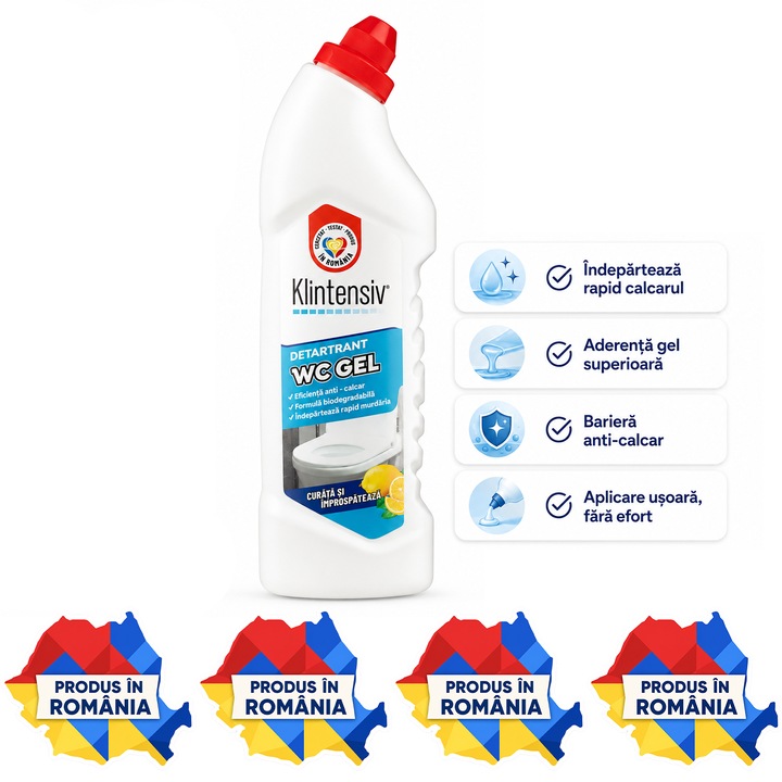 Gel detartrant WC si suprafete ceramice Klintensiv, anticalcar profesional, textura gel, aderenta pe suprafete verticale, pentru baie, gresie, faianta, ceramica, cabine dus si inox rezistent, 750 ml, 4x Stickere