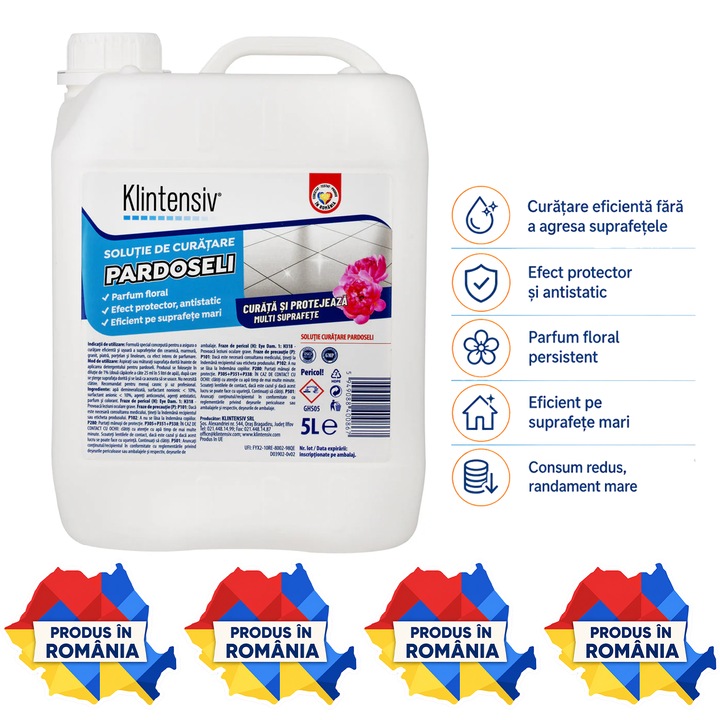 Solutie curatare pardoseli Klintensiv, detergent profesional concentrat, parfum persistent, fara clatire, pentru pardoseli lavabile, ceramica, piatra naturala, PVC si spatii comerciale, 5 L, 4x Stickere