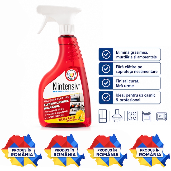 Solutie curatare electrocasnice Klintensiv, spray profesional pentru grasime, pete si amprente, fara urme, pentru frigider, hota, plita, cuptor, inox, crom, sticla si plastic, 500 ml, 4x Stickere