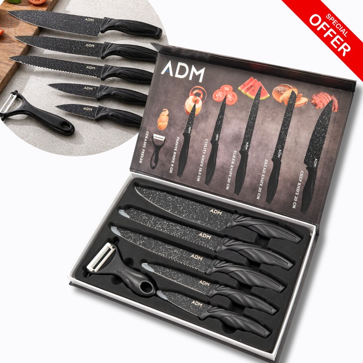 Set 6 piese cutite bucatarie ADM, lame inox cu acoperire ceramica, negru, 20cm