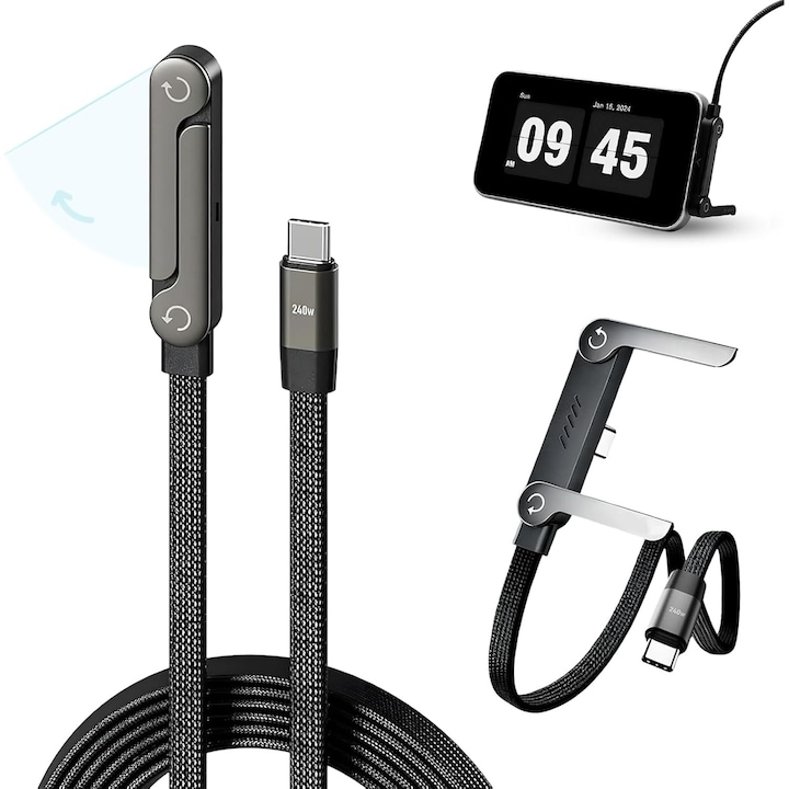 Cablu USB-C la USB-C 240W VALA® cu Suport Integrat, Incarcare si Transfer de Date Ultra Rapide, Cip E-Marker, Materiale Premium, Compatibilitate Universala, Negru