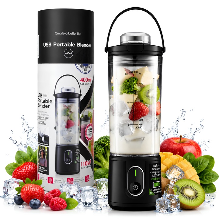 Blender Portabil ATOMKIT®, Mini Blender Smoothie cu incarcare USB-C, Fara BPA, Compact, 400ml, 6 Lame 3D, Puternic 17000 RPM, Multifunctional, Baterie Reincarcabila, Negru