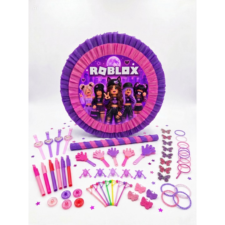 Piniata Roblox Roz & Mov + Bat + 50 Jucarii – Set Complet pentru Petrecere Copii