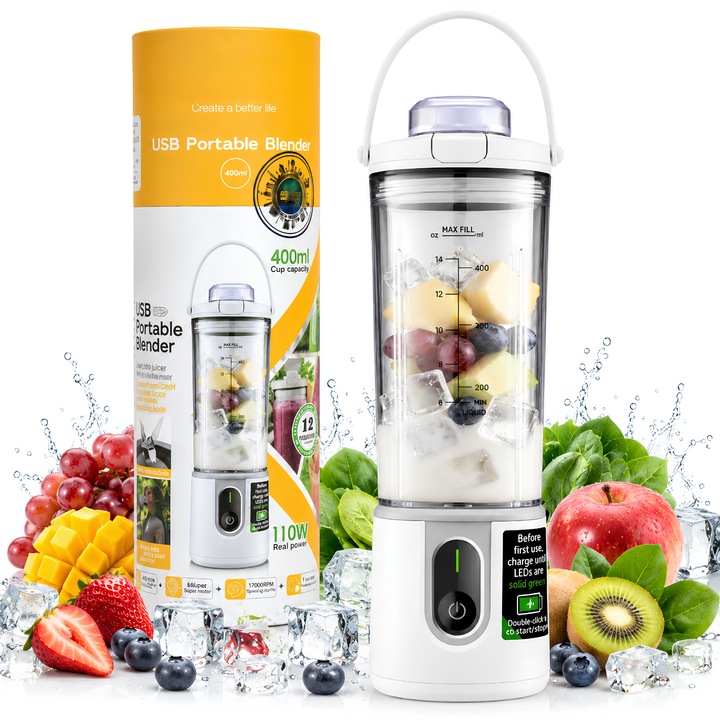 Mini blender portabil, baterie incarcabila, incarcare USB, pentru prepararea sucurilor, capacitate 380 ml, mov