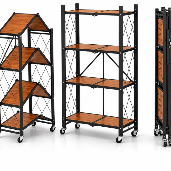Fém Összecsukható Polc 4 Polccal és Kerekekkel, Prémium Ipari Design, 127,5 x 71,5 x 34 cm