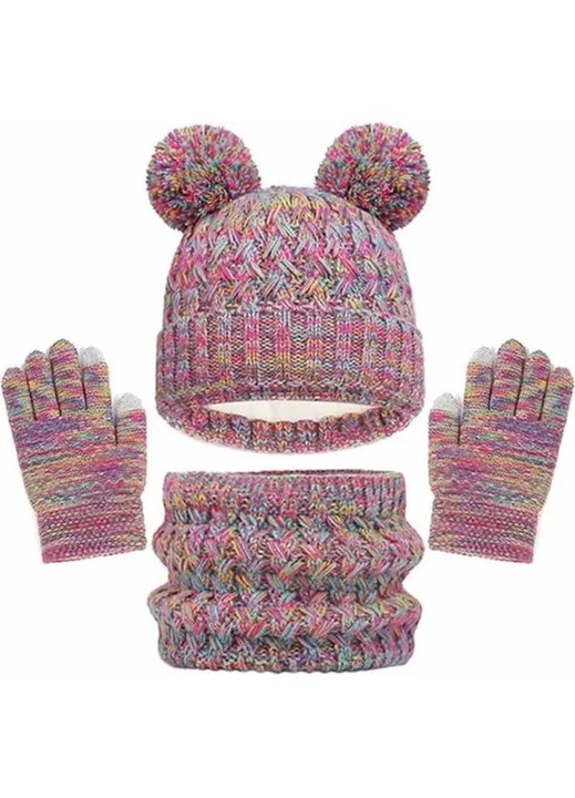 Set iarna copii 3 piese, acrilic tricotat, multicolor, marime unica 2-8 ani