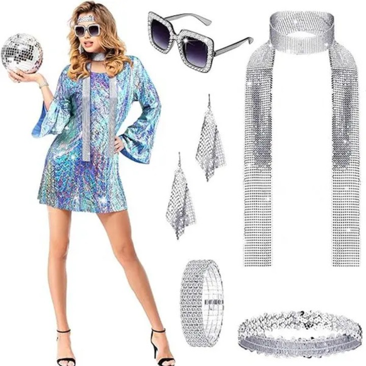 Set costum disco femei 70s, rochie poliester, accesorii stralucitoare, multicolor, marimi variate