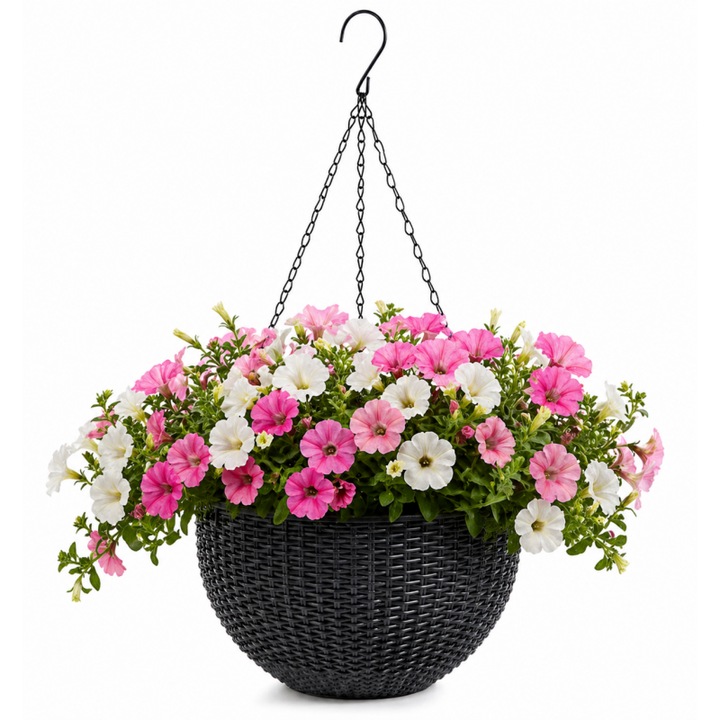 Ghiveci mare suspendat, gri, imitatie ratan, 4.5 Litri, 26 cm, JollyMag, ROS10GRAF