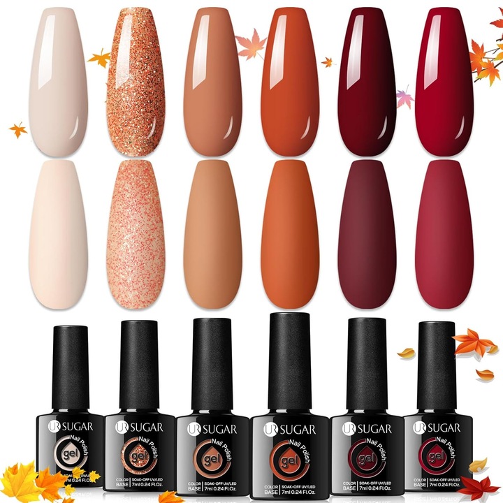Set oje semipermanente UR SUGAR, 6 culori pentru manichiura UV/LED, 7 ml, Gel cu finisaj lucios si glitter, nuante Coffee