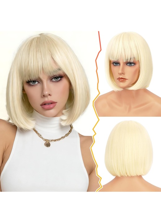 Peruca bob BARSDAR, breton drept, par dens, aspect natural, 30 cm, fibra sintetica rezistenta la temperatura, culoare Blond platinat