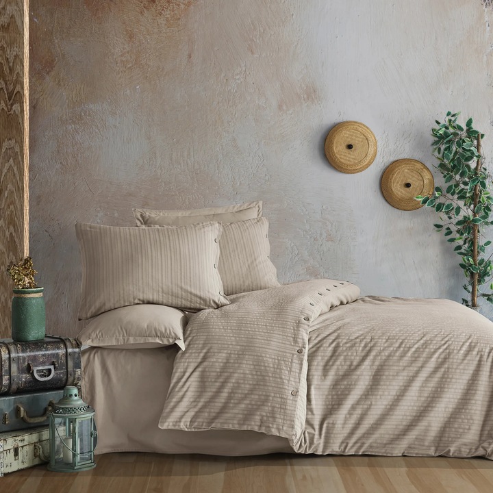 NufJoy® KingSize ágynemű 100% RANFORCE PAMUT, 4 részes, lepedő 240x260 cm, paplanhuzat 200x220 cm, 2 párnahuzat 50x70, Prémium minőség, Ajándékdoboz, Texturált design fa gombokkal. Bézs