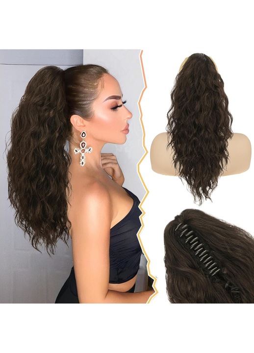 Extensie coada BARSDAR, ondulata, 45 cm, clema cleste 10 cm, fibra sintetica, culoare Maro Inchis