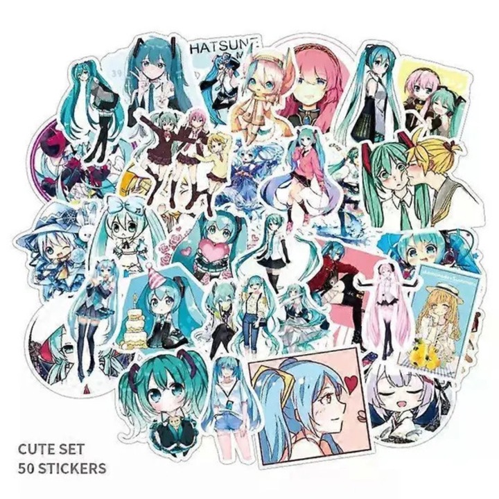 Set 50 stickere multicolor, Hatsune Miku, vinil, 4-6cm, rezistent la apa