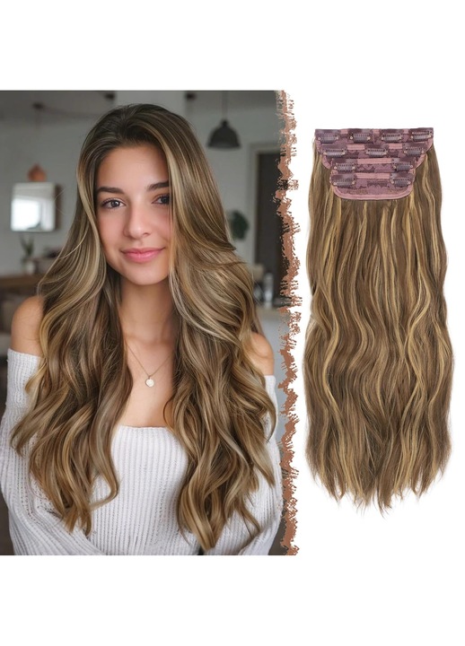 Set 4 Extensii par FESHFEN, clip-in, ondulate, lungime 50 cm, Par sintetic, suvite blonde, Culoare Maro