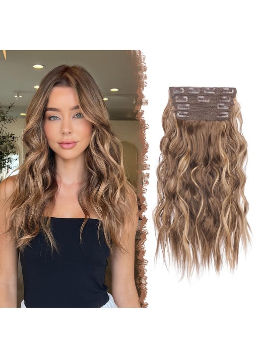 Set 4 Extensii par FESHFEN, clip-in, ondulate, lungime 40 cm, Par sintetic, suvite blonde, Culoare Maro