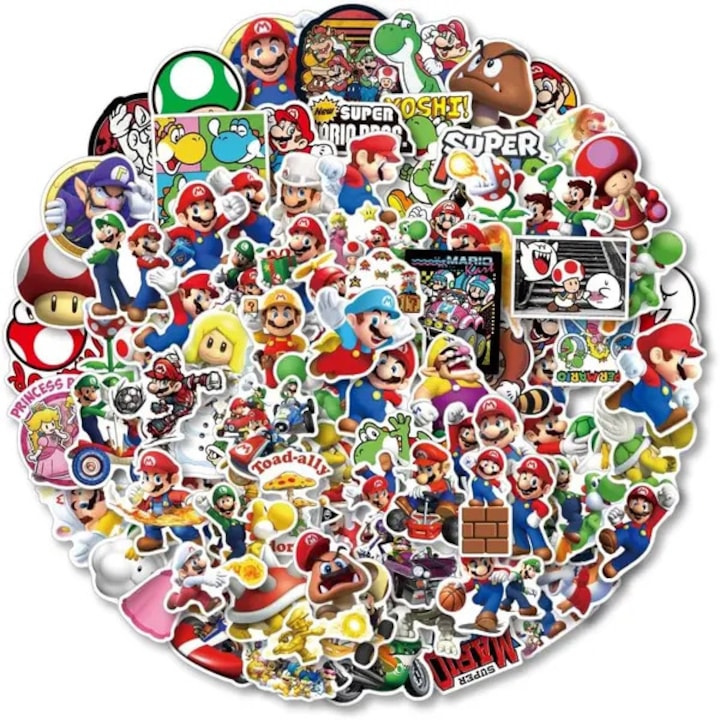 100 db Super Mario matrica szett, színes, vízálló, különböző méretek