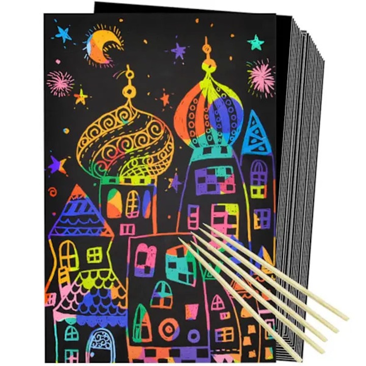 Set creativ pentru copii, 50 foi hartie zgariabila multicolor, racleta bambus, 12.5x18cm