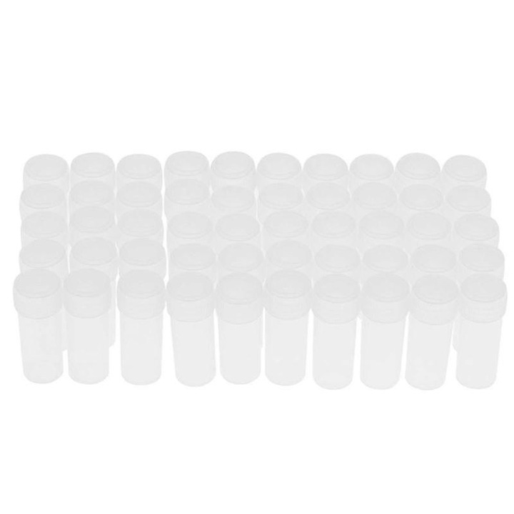 50 db 5ml-es műanyag flakon készlet, áttetsző fehér, 15x40mm, légmentesen záródó kupak