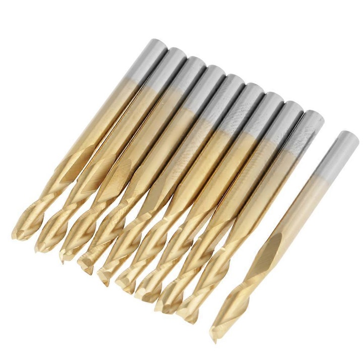 Set 10 freze end mill din otel tungsten cu acoperire titan, 3.175mm, 38x12mm