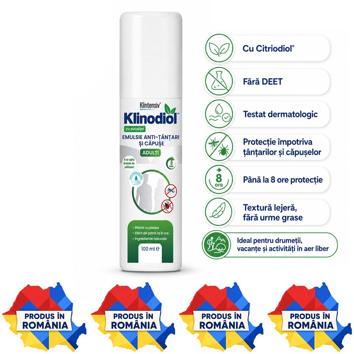 Spray repelent adulti Klinodiol, anti tantari si capuse, emulsie naturala fara DEET, cu Citriodiol 9, 9%, protectie pana la 8 ore, testat dermatologic, aviz biocid, 100 ml, 4x Stickere