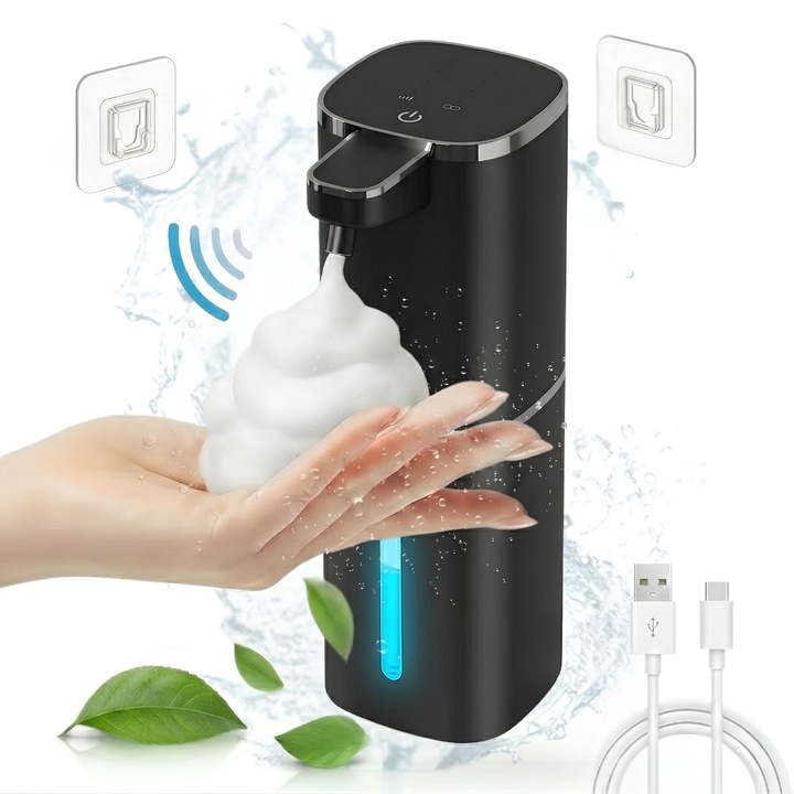 Dispenser Automat Sapun Spuma ELMOSMART® P20, 400ml, Fara Atingere, Senzor Infrarosu, 4 Niveluri Reglabile de Dozare, Incarcare USB-C, Indicator LED, Rezistent la Apa IPX5, Design Compact, Igienic, Baie, Bucatarie, Hotel, Restaurant, Negru