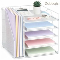 Organizator de Birou Dabbqis, 5 Tavite Glisante si 1 Suport Vertical pentru Documente, Metalic, Mesh, Sistem de Organizare Fisiere si Papetarie, 31 x 31 x 28 cm, alb