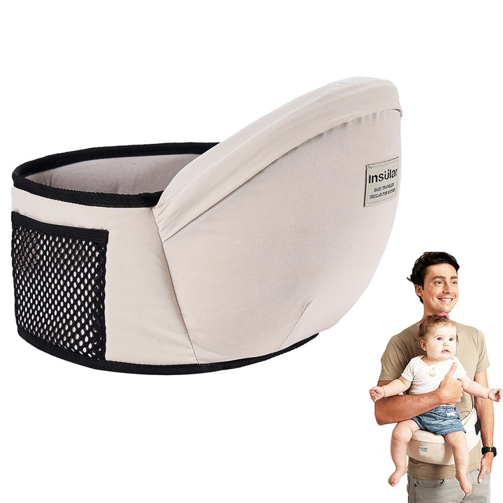 Ergonomikus csípőülés 30°-os szögben 3-24 hónapos babáknak, 100% poliészter anyag EPS töltettel, 15 kg teherbírás, állítható öv hálós zsebbel, Bézs