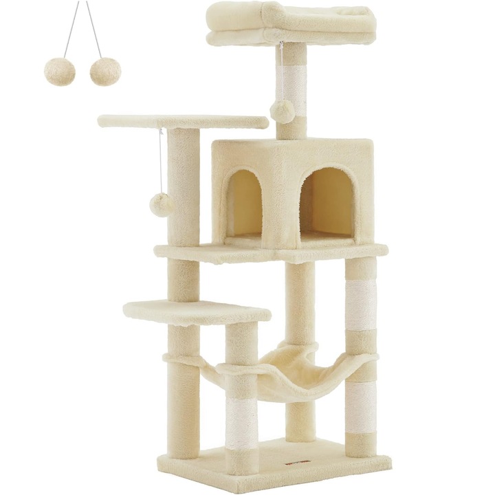Ansamblu de joaca pentru pisici cu 2 platforme, 1 culcus, hamac si 4 stalpi sisal, 45x35x112 cm, bej