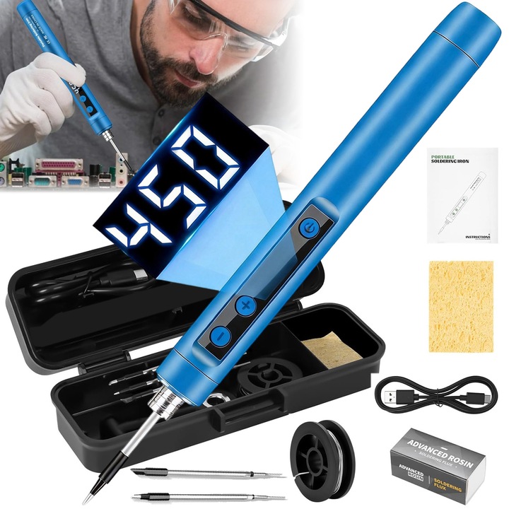 Forrasztópáka, Vezeték Nélküli Forrasztópisztoly Készlet, 15W, 1100mah. Állítható 180-450 °C, 3 Heggyel, Forrasztóhuzal, Forrasztópaszta, Toll alakú kialakítás kényelmes fogást biztosít, Alkalmas otthonokba, stúdiókba, műhelyekbe stb.